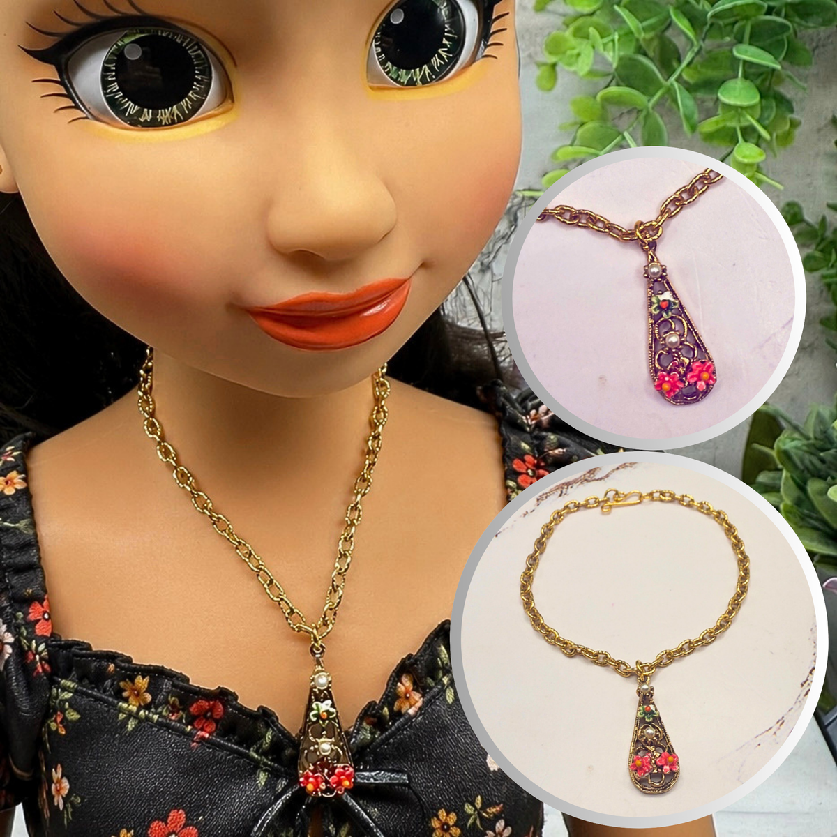 Teardrop Charm Floral Design Gold Chain Doll Necklace • necklace measures 6.75 inches long • necklace shown on 18" fashion doll 