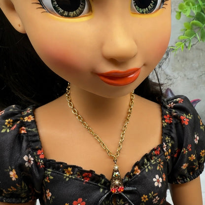 Teardrop Charm Floral Design Gold Chain Doll Necklace • necklace measures 6.75 inches long • necklace shown on 18" fashion doll 