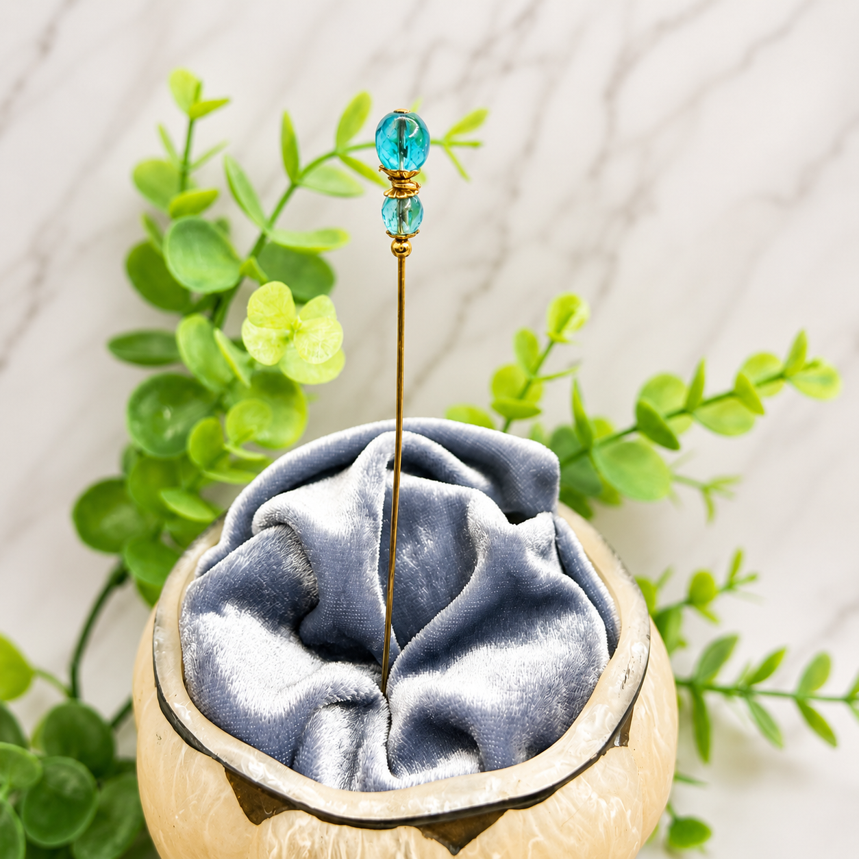 ✨ Handmade Vintage-Inspired Hatpin | Stick Pin | Hat Accessory | Shawl - Scarf  - Hijab Pin | Decorative Jewelry Gift for Her ✨

Translucent Aqua-Blue Facted Glass Crystal and Gold Tone Accents Hatpin - 6 inch