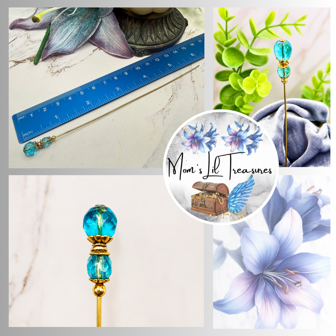 ✨ Handmade Vintage-Inspired Hatpin | Stick Pin | Hat Accessory | Shawl - Scarf  - Hijab Pin | Decorative Jewelry Gift for Her ✨

Translucent Aqua-Blue Facted Glass Crystal and Gold Tone Accents Hatpin - 6 inch