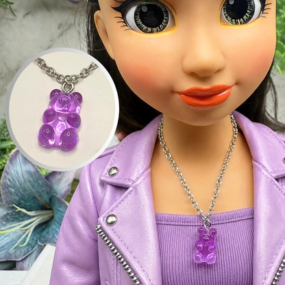 Translucent Purple Teddy Bear Charm Doll Necklace. Necklace chain measures 7 inches long. Necklace shown on 18" fashion doll