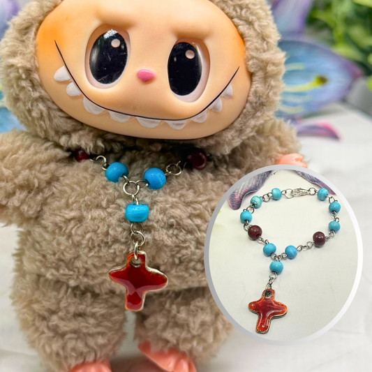 ✨Handmade Jewelry Designed to fit popular 17 to 20 cm (6 to 7 inch) Plushie Labubu Monster Dolls: add a stylish touch to your favorite plushie! ✨

Turquoise Blue Bead Red Brown Enamel Cross Pendant Necklace
