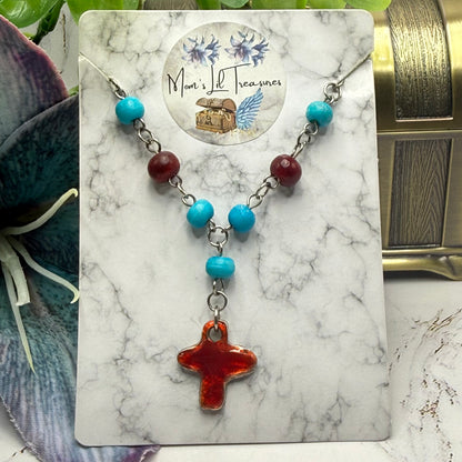 ✨Handmade Jewelry Designed to fit popular 17 to 20 cm (6 to 7 inch) Plushie Labubu Monster Dolls: add a stylish touch to your favorite plushie! ✨

Turquoise Blue Bead Red Brown Enamel Cross Pendant Necklace