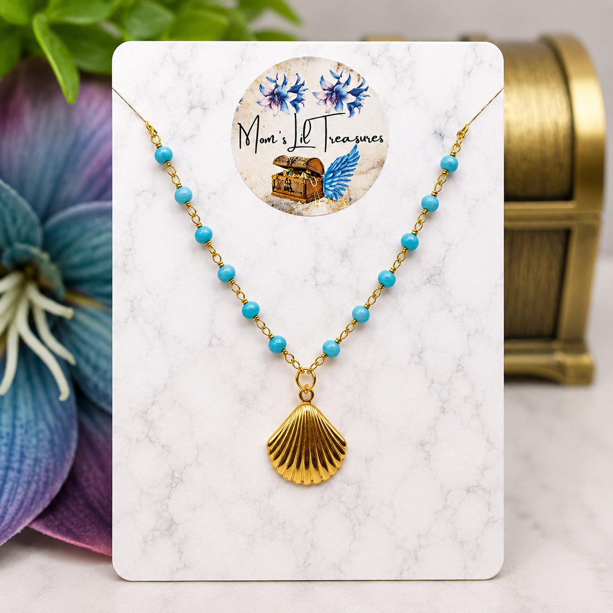 ✨Handmade Doll Jewelry Designed to Fit popular 18 Inch Fashion Dolls: add a little “Summer Fun ☀️ Beachy Style 🏝️” to your favorite doll!✨

Turquoise Blue Crystal Beaded Gold Seashell Charm Doll Necklace