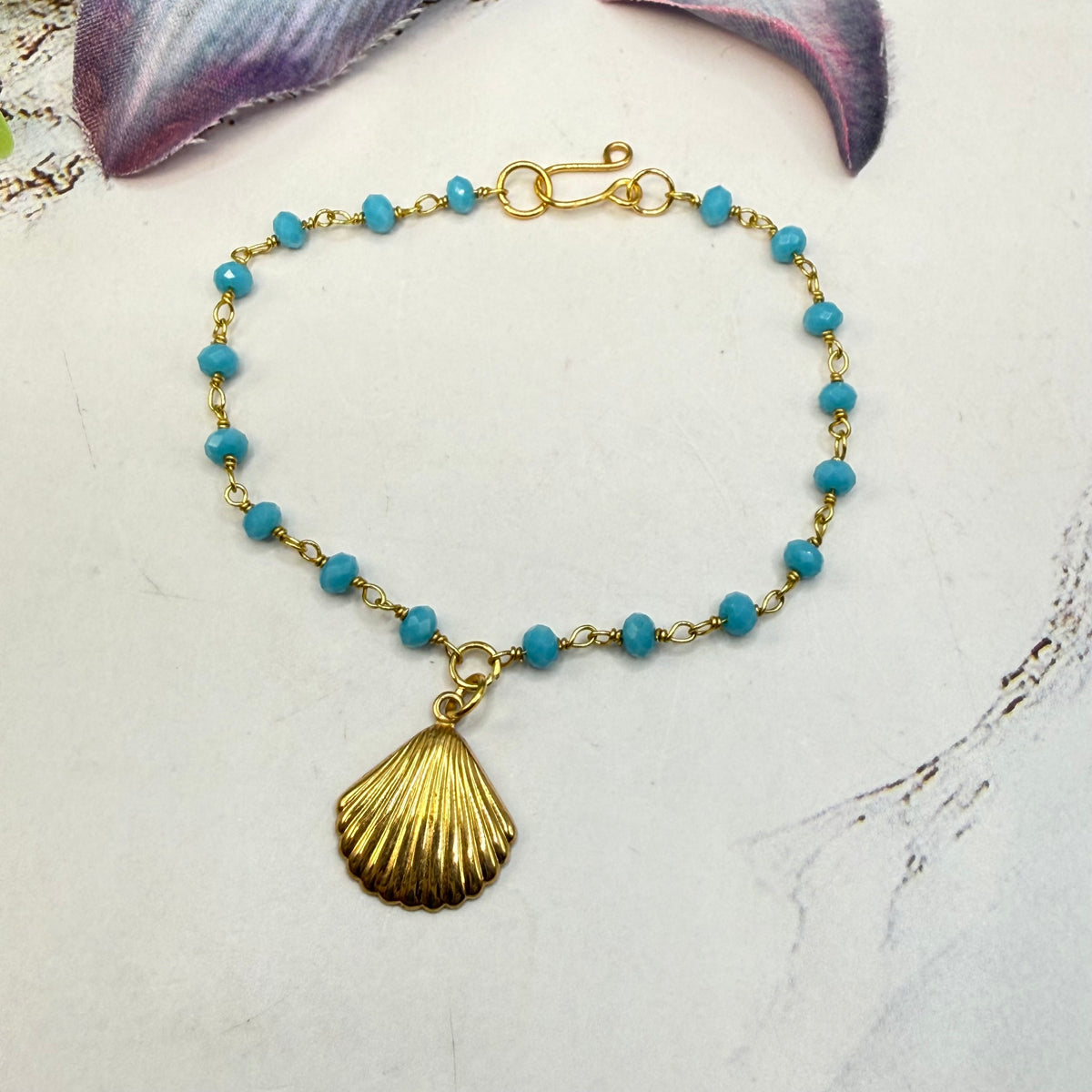 Handmade Doll Jewelry Designed to Fit popular 18 Inch Fashion Dolls: add a little “Summer Fun ☀️ Beachy Style 🏝️” to your favorite doll! Turquoise Blue Crystal Beaded Gold Seashell Charm Doll Necklace