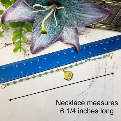 ✨Handmade Doll Jewelry Designed to Fit popular 18 Inch Fashion Dolls: add a little “Summer Fun ☀️ Beachy Style 🏝️” to your favorite doll!✨

Turquoise Blue Crystal Beaded Gold Seashell Charm Doll Necklace