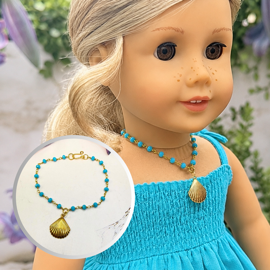 Handmade Doll Jewelry Designed to Fit popular 18 Inch Fashion Dolls: add a little “Summer Fun ☀️ Beachy Style 🏝️” to your favorite doll! Turquoise Blue Crystal Beaded Gold Seashell Charm Doll Necklace