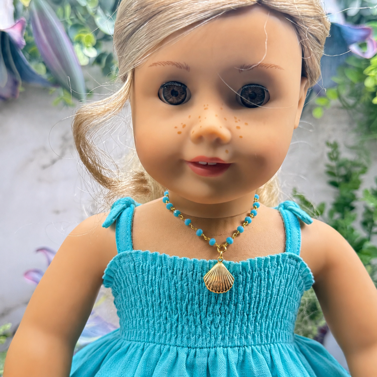 Handmade Doll Jewelry Designed to Fit popular 18 Inch Fashion Dolls: add a little “Summer Fun ☀️ Beachy Style 🏝️” to your favorite doll! Turquoise Blue Crystal Beaded Gold Seashell Charm Doll Necklace