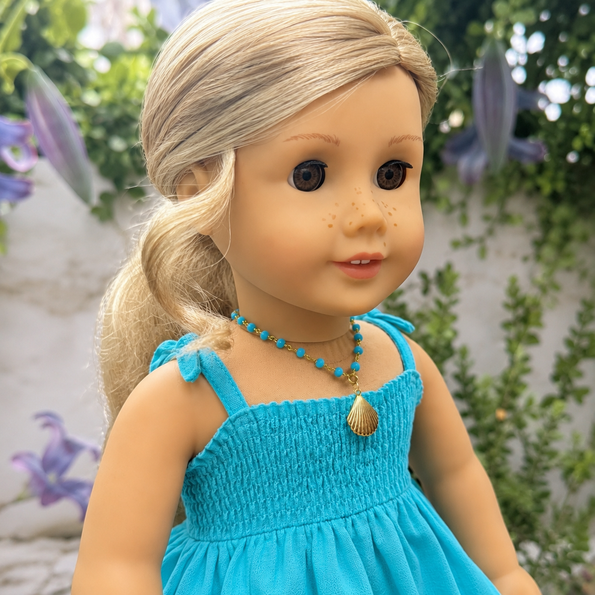 Handmade Doll Jewelry Designed to Fit popular 18 Inch Fashion Dolls: add a little “Summer Fun ☀️ Beachy Style 🏝️” to your favorite doll! Turquoise Blue Crystal Beaded Gold Seashell Charm Doll Necklace
