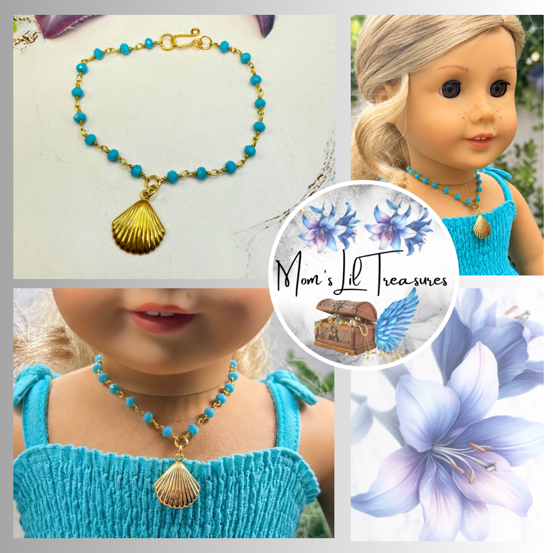 Handmade Doll Jewelry Designed to Fit popular 18 Inch Fashion Dolls: add a little “Summer Fun ☀️ Beachy Style 🏝️” to your favorite doll! Turquoise Blue Crystal Beaded Gold Seashell Charm Doll Necklace