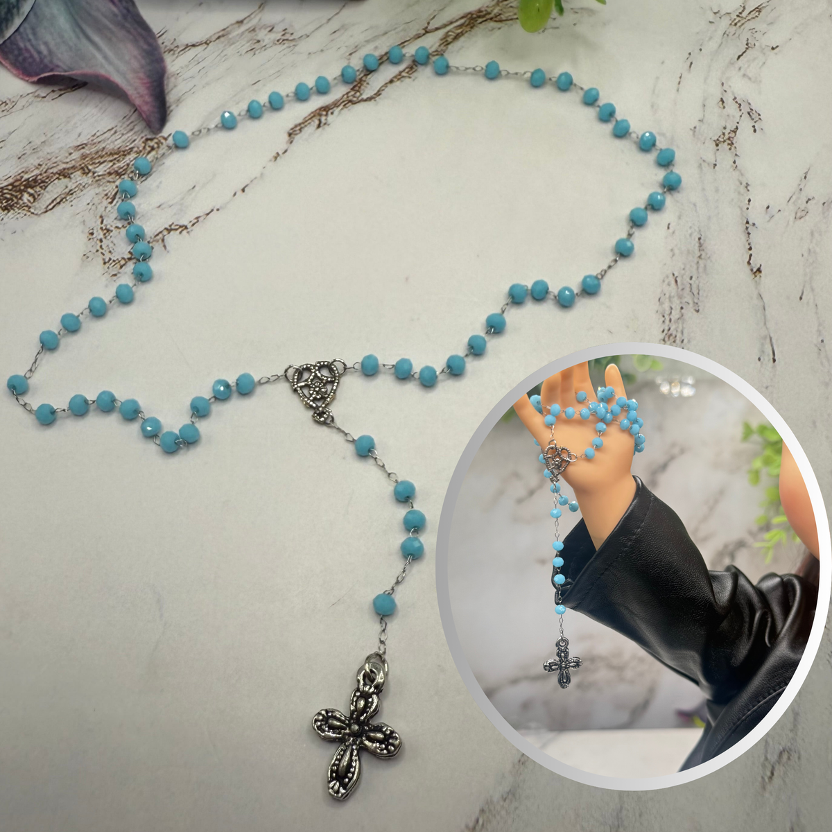 📿 Add a touch of religious elegance to your Vintage or Fashion dolls • Handmade Doll Size Rosary 📿

Turquoise Blue Glass Crystal Bead Silver Chain & Cross • Doll Size Rosary