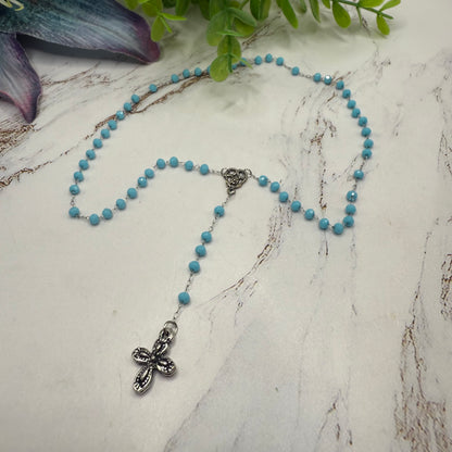 📿 Add a touch of religious elegance to your Vintage or Fashion dolls • Handmade Doll Size Rosary 📿

Turquoise Blue Glass Crystal Bead Silver Chain & Cross • Doll Size Rosary