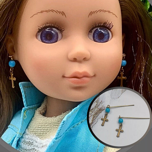 ✨Handmade Doll Jewelry Designed to Fit popular 14 Inch Fashion Dolls: add a touch of religious elegance and spirituality to your favorite doll!✨

Turquoise Glass Bead Gold Tone Cross Dangle Doll Earrings