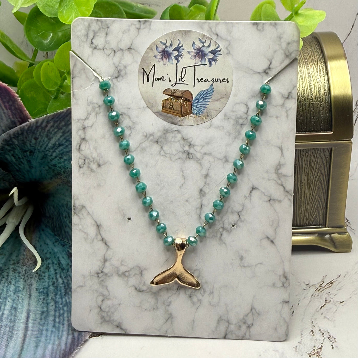 Handmade Doll Jewelry Designed to Fit popular 18 Inch Fashion Dolls: add a stylish touch to your favorite doll. Turquoise Green Glass Crystal Beaded Chain Gold Whale Tail Charm Doll Necklace