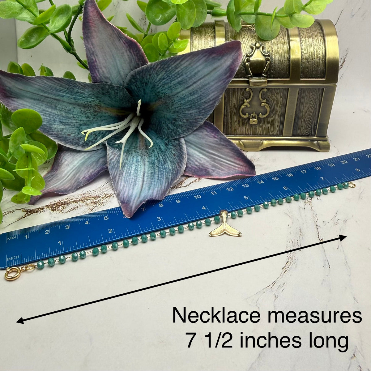 ✨ Handmade Doll Jewelry Designed to Fit popular 18 Inch Fashion Dolls: add a stylish touch to your favorite doll ✨

Turquoise Green Glass Crystal Beaded Chain Gold Whale Tail Charm Doll Necklace
