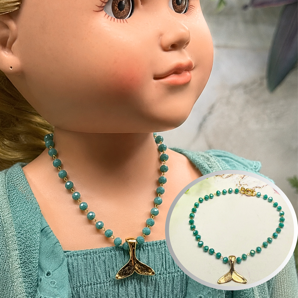 Handmade Doll Jewelry Designed to Fit popular 18 Inch Fashion Dolls: add a stylish touch to your favorite doll. Turquoise Green Glass Crystal Beaded Chain Gold Whale Tail Charm Doll Necklace