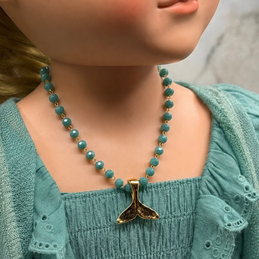 Handmade Doll Jewelry Designed to Fit popular 18 Inch Fashion Dolls: add a stylish touch to your favorite doll. Turquoise Green Glass Crystal Beaded Chain Gold Whale Tail Charm Doll Necklace