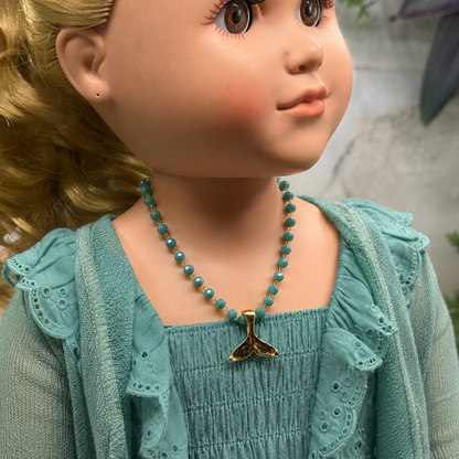 Handmade Doll Jewelry Designed to Fit popular 18 Inch Fashion Dolls: add a stylish touch to your favorite doll. Turquoise Green Glass Crystal Beaded Chain Gold Whale Tail Charm Doll Necklace