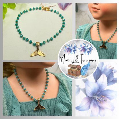 Handmade Doll Jewelry Designed to Fit popular 18 Inch Fashion Dolls: add a stylish touch to your favorite doll. Turquoise Green Glass Crystal Beaded Chain Gold Whale Tail Charm Doll Necklace