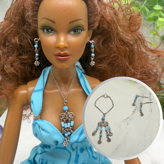 Turquoise Light Blue Accent Dangle Doll Necklace & Earrings Set • Necklace measures 3.25 inches long • Necklace and earrings shown on 16” Spellbound Valentina doll
