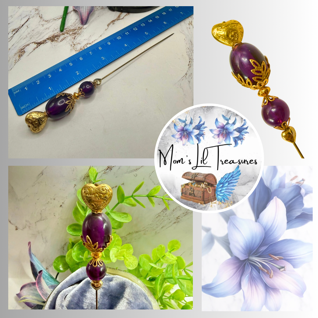 ✨ Handmade Vintage-Inspired Hatpin | Stick Pin | Hat Accessory | Sweater & Hijab Pin | Decorative Jewelry Gift for Her ✨

Deep Purple Class Gold Tone Heart-Shaped Top Finial and Filigree Hatpin • 6 Inch
