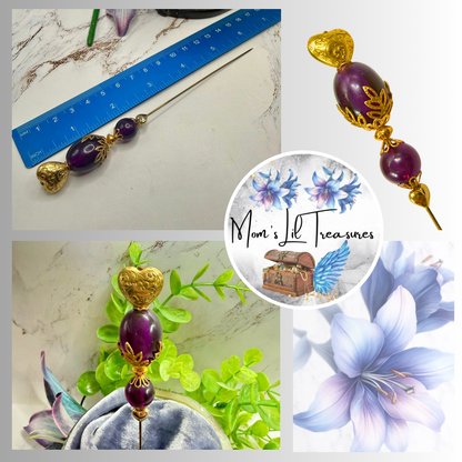 ✨ Handmade Vintage-Inspired Hatpin | Stick Pin | Hat Accessory | Sweater & Hijab Pin | Decorative Jewelry Gift for Her ✨

Deep Purple Class Gold Tone Heart-Shaped Top Finial and Filigree Hatpin • 6 Inch
