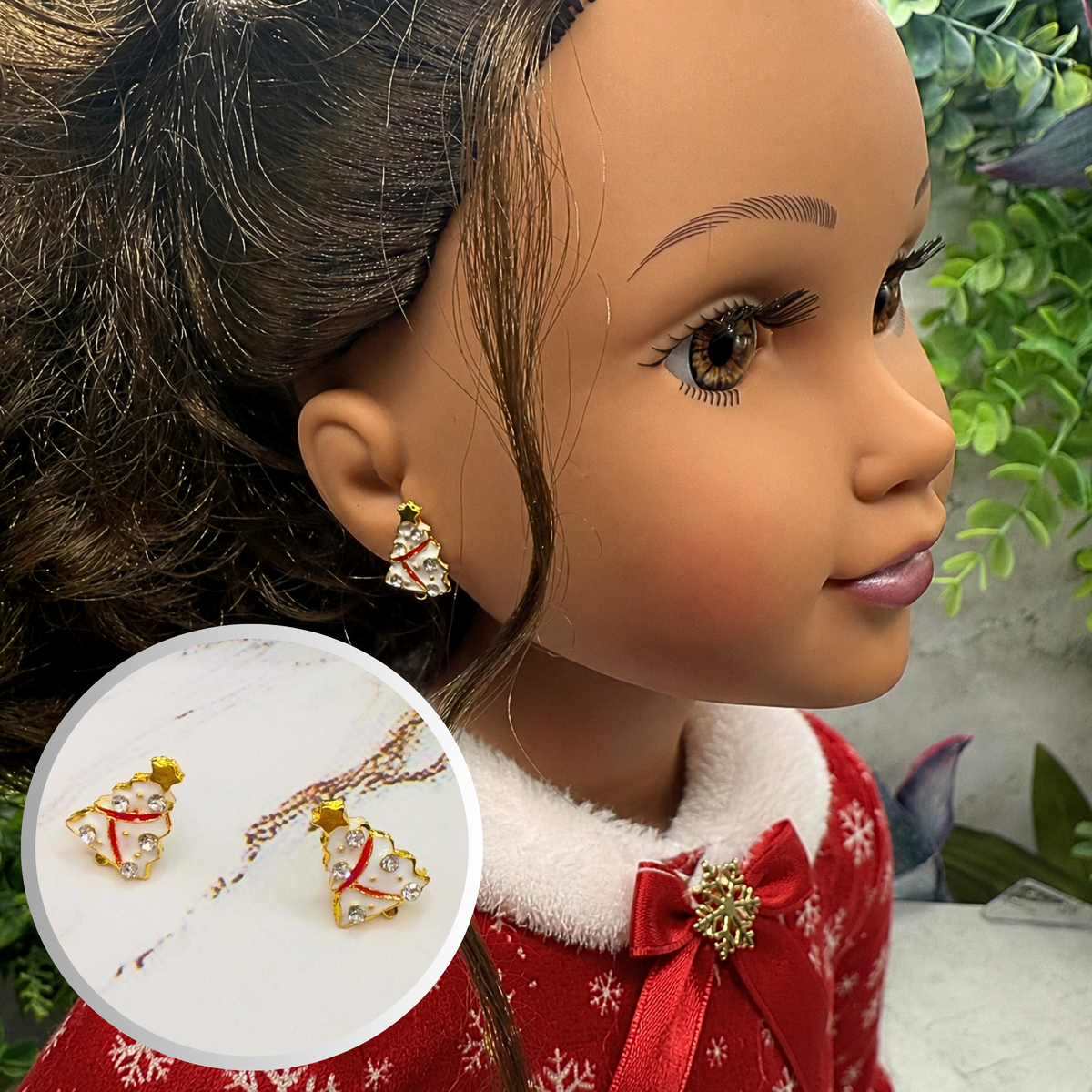 Handmade Doll Jewelry Designed to Fit popular 18 Inch Fashion Dolls: add jolly “Christmas Holiday🎄” style to your favorite doll! White Christmas Tree Gold Post Doll Earrings