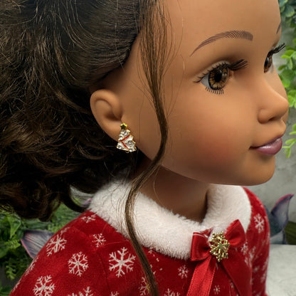 Handmade Doll Jewelry Designed to Fit popular 18 Inch Fashion Dolls: add jolly “Christmas Holiday🎄” style to your favorite doll! White Christmas Tree Gold Post Doll Earrings