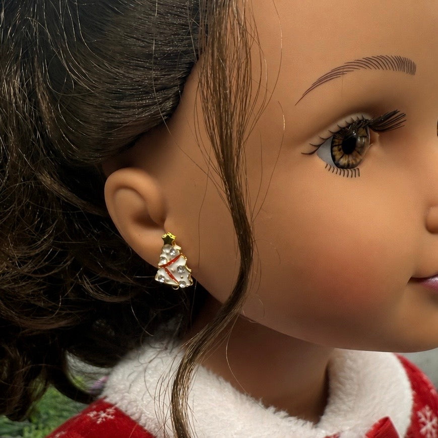 Handmade Doll Jewelry Designed to Fit popular 18 Inch Fashion Dolls: add jolly “Christmas Holiday🎄” style to your favorite doll! White Christmas Tree Gold Post Doll Earrings
