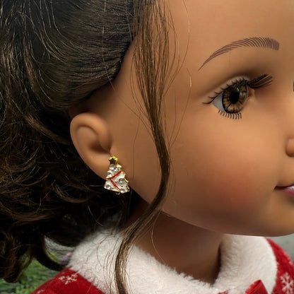 Handmade Doll Jewelry Designed to Fit popular 18 Inch Fashion Dolls: add jolly “Christmas Holiday🎄” style to your favorite doll! White Christmas Tree Gold Post Doll Earrings