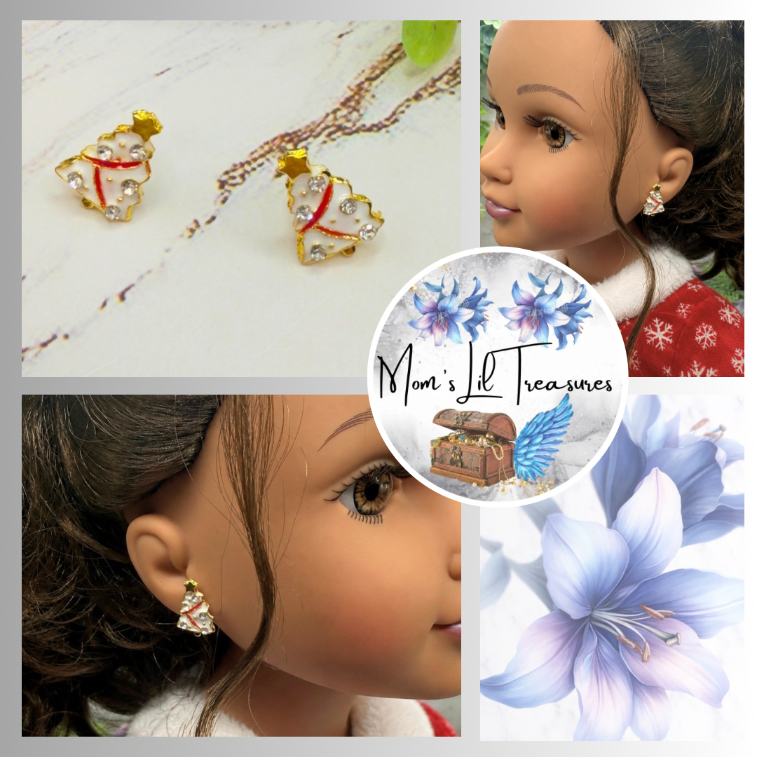 Handmade Doll Jewelry Designed to Fit popular 18 Inch Fashion Dolls: add jolly “Christmas Holiday🎄” style to your favorite doll! White Christmas Tree Gold Post Doll Earrings