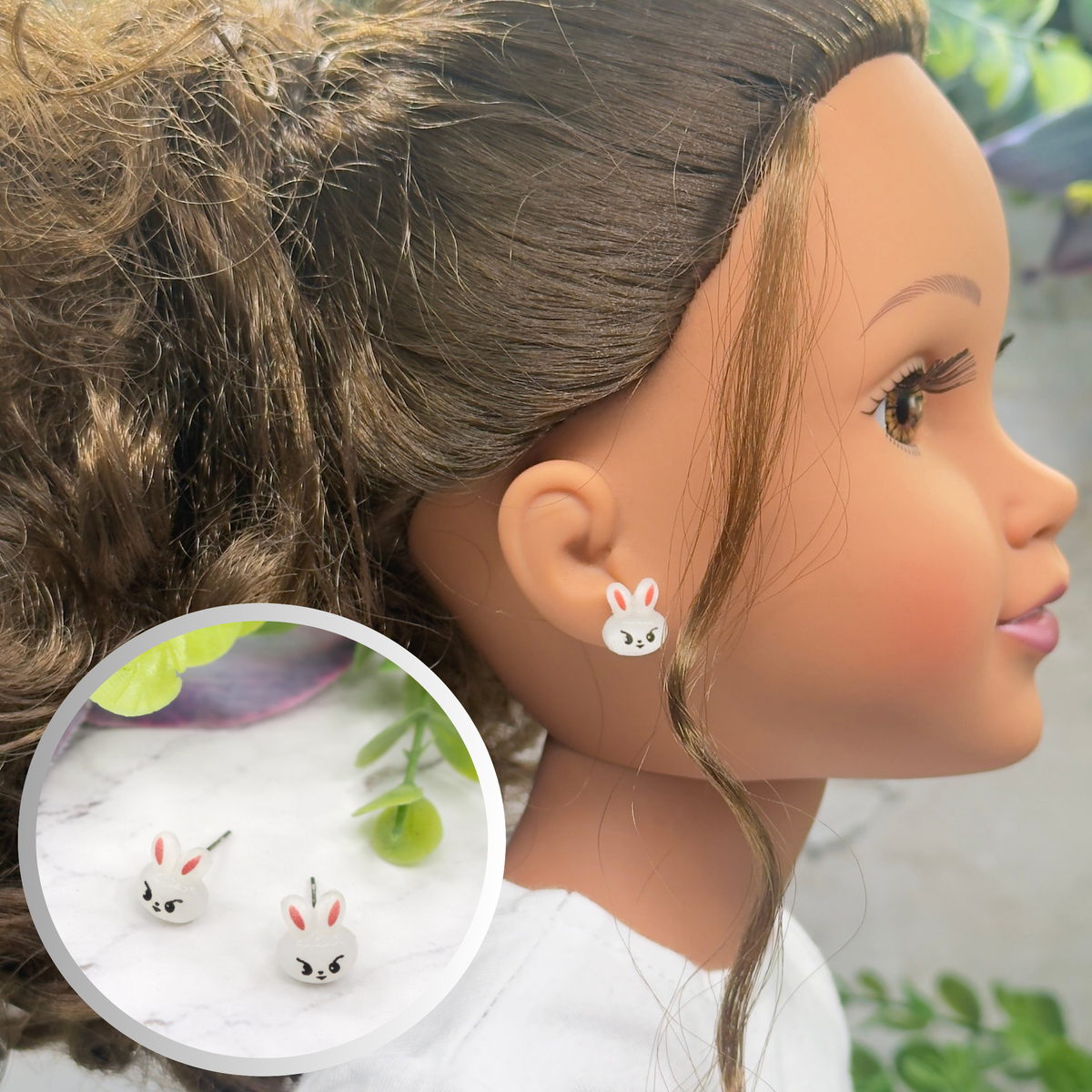 ✨Handmade Doll Jewelry Designed to Fit popular 18 Inch Fashion Dolls: add “Easter Spring Style 🌸” to your favorite doll!✨ White Easter Bunny Post Doll Earrings • Doll Size / Scale: Pics included with earrings shown on 18" Journey Girls doll