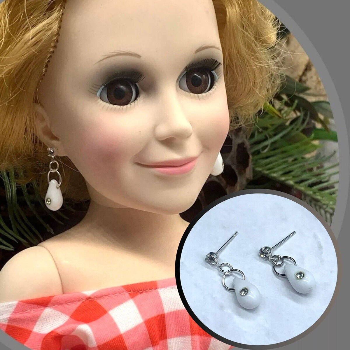 Handmade Doll Jewelry Designed to Fit popular 18-22 Inch Vintage Fashion Dolls: add a stylish touch to your favorite doll!
White Glass Teardrop Rhinestone Accent Dangle Doll Earrings