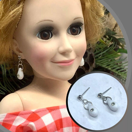 Handmade Doll Jewelry Designed to Fit popular 18-22 Inch Vintage Fashion Dolls: add a stylish touch to your favorite doll!
White Glass Teardrop Rhinestone Accent Dangle Doll Earrings