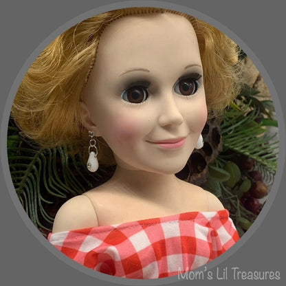 Handmade Doll Jewelry Designed to Fit popular 18-22 Inch Vintage Fashion Dolls: add a stylish touch to your favorite doll!
White Glass Teardrop Rhinestone Accent Dangle Doll Earrings
