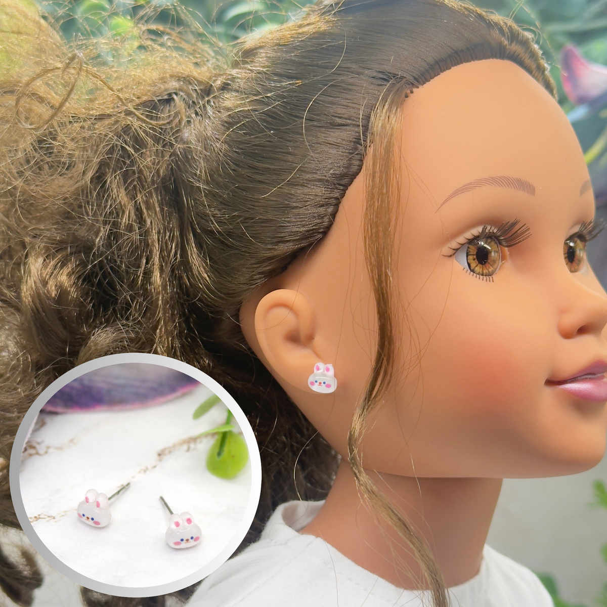 ✨Handmade Doll Jewelry Designed to Fit popular 18 Inch Fashion Dolls: add “Easter Spring Style 🌸” to your favorite doll!✨ White  Pink Bunny Easter Post Doll Earrings • Doll Size / Scale: Pics included with earrings shown on 18" Journey Girls doll