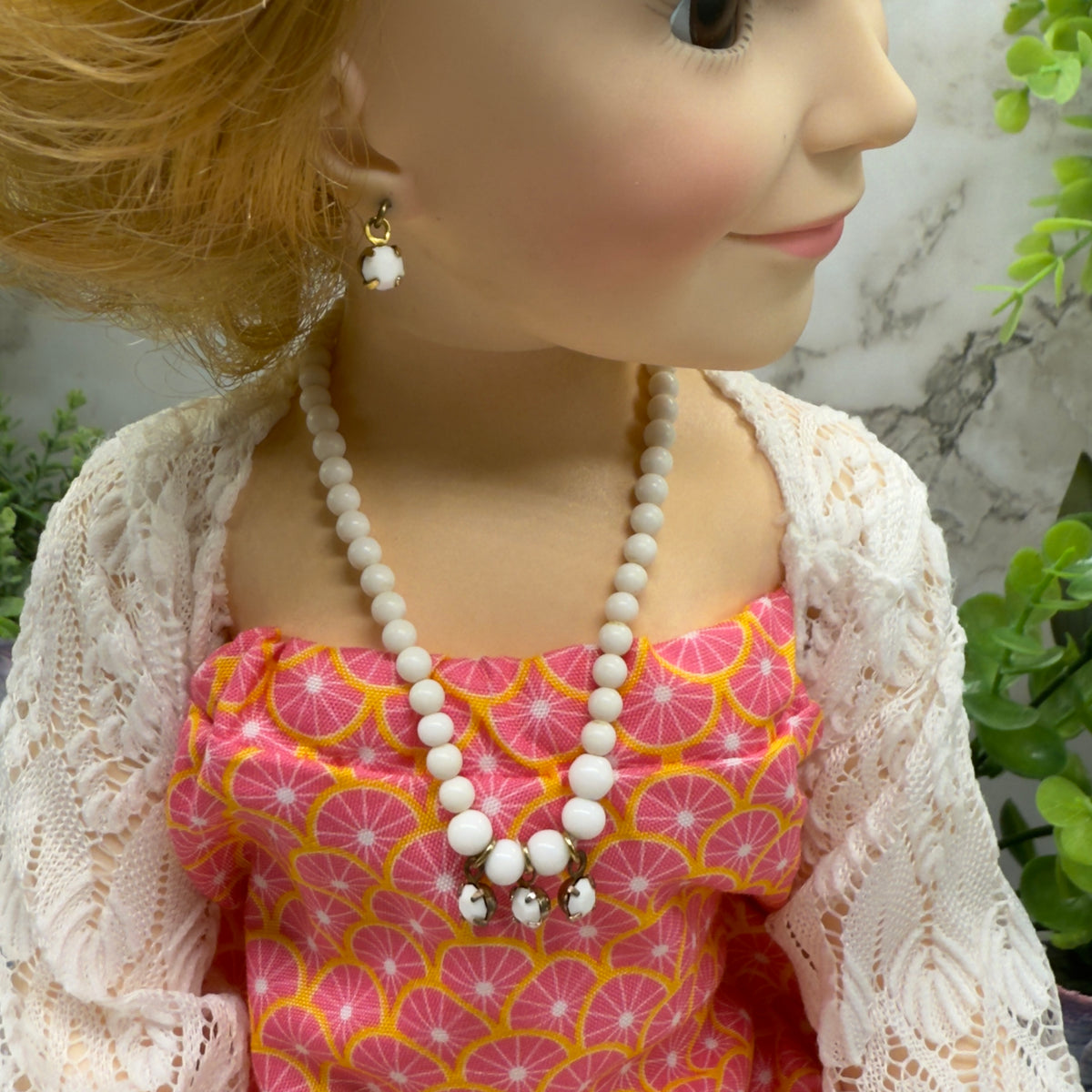 Handmade Doll Jewelry Designed to Fit popular 18-22 Inch Vintage Fashion Dolls: add a stylish touch to your favorite doll!
White rhinestone dangles & glass beaded doll necklace & matching earrings set