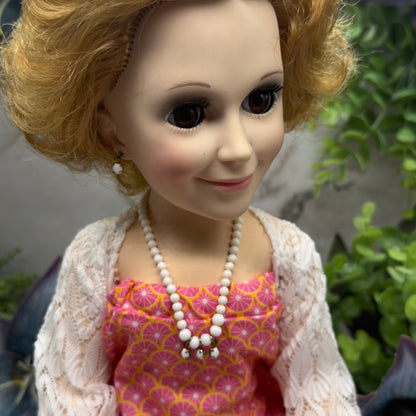 Handmade Doll Jewelry Designed to Fit popular 18-22 Inch Vintage Fashion Dolls: add a stylish touch to your favorite doll!
White rhinestone dangles & glass beaded doll necklace & matching earrings set