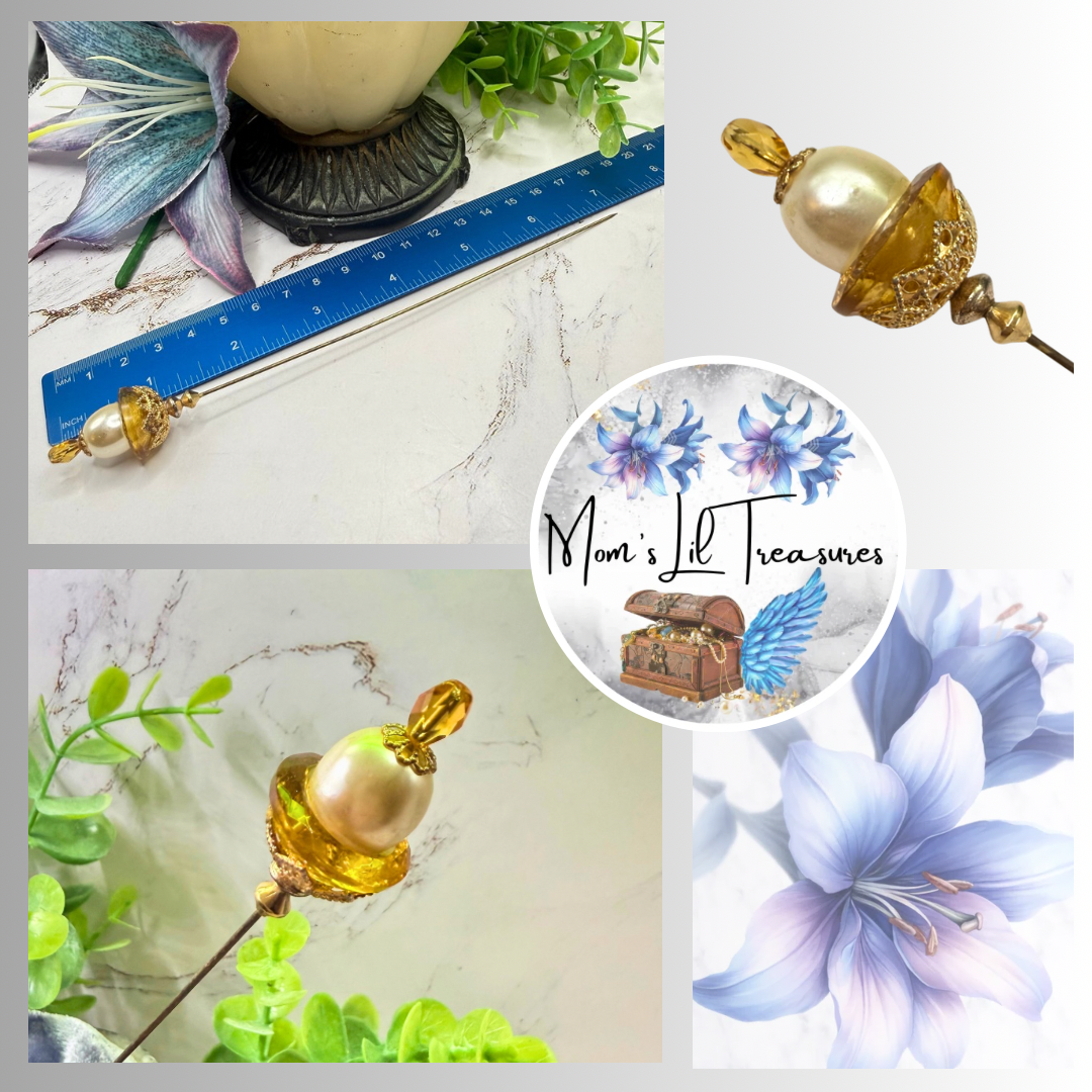 ✨ Handmade Vintage-Inspired Hatpin | Stick Pin | Hat Accessory | Sweater & Hijab Pin | Decorative Jewelry Gift for Her ✨

Yellow Amber Glass Cupped Faux Pearl Gold Tone FiligreeFiligree Accent Hatpin - 7 Inch