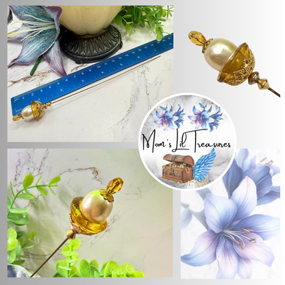 ✨ Handmade Vintage-Inspired Hatpin | Stick Pin | Hat Accessory | Sweater & Hijab Pin | Decorative Jewelry Gift for Her ✨

Yellow Amber Glass Cupped Faux Pearl Gold Tone FiligreeFiligree Accent Hatpin - 7 Inch