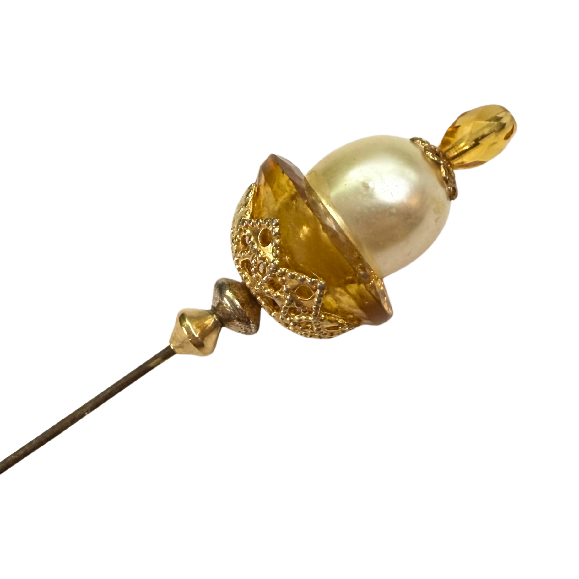 ✨ Handmade Vintage-Inspired Hatpin | Stick Pin | Hat Accessory | Sweater & Hijab Pin | Decorative Jewelry Gift for Her ✨

Yellow Amber Glass Cupped Faux Pearl Gold Tone FiligreeFiligree Accent Hatpin - 7 Inch