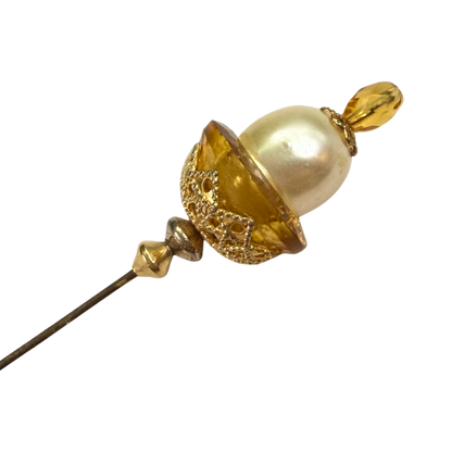 ✨ Handmade Vintage-Inspired Hatpin | Stick Pin | Hat Accessory | Sweater & Hijab Pin | Decorative Jewelry Gift for Her ✨

Yellow Amber Glass Cupped Faux Pearl Gold Tone FiligreeFiligree Accent Hatpin - 7 Inch