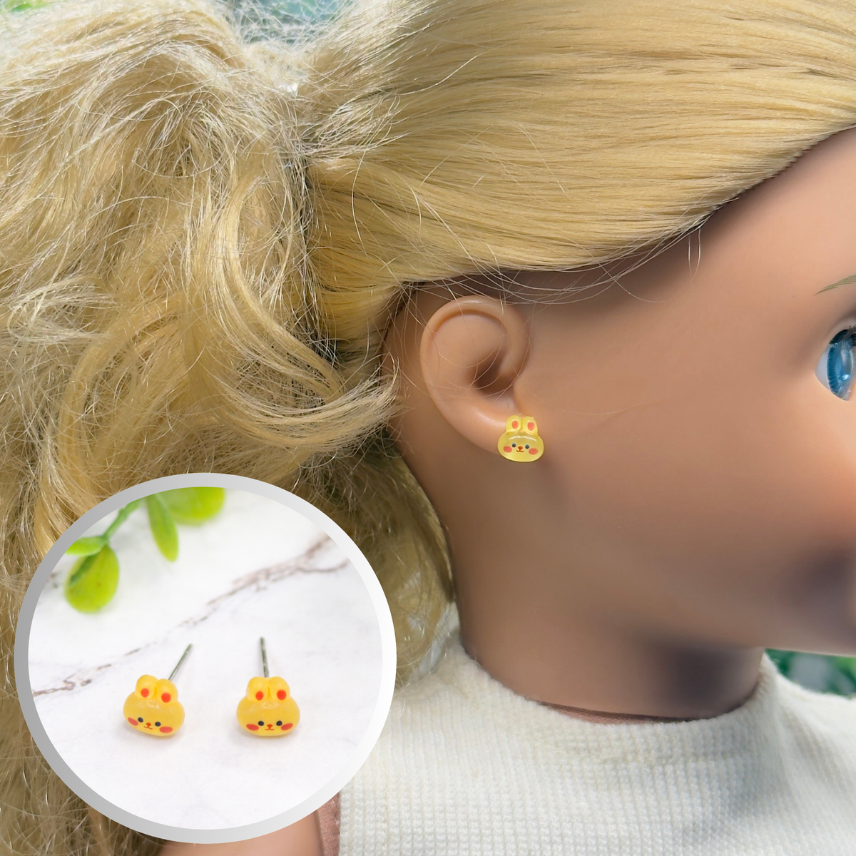 ✨Handmade Doll Jewelry Designed to Fit popular 18 Inch Fashion Dolls: add “Easter Spring Style 🌸” to your favorite doll!✨ Yellow Bunny Easter Post Doll  • Doll Size / Scale: Pics included with earrings shown on 18" Our Generation doll