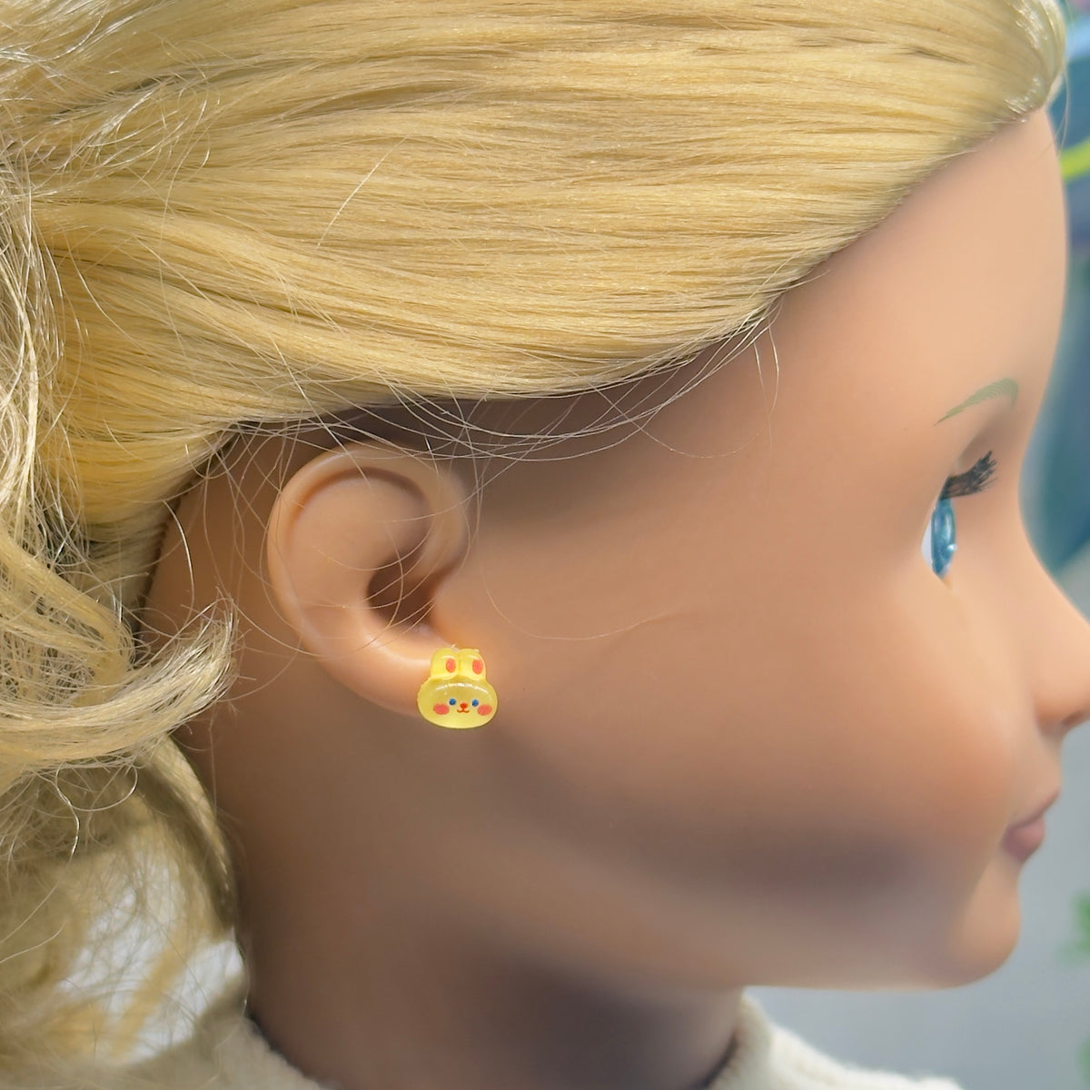 ✨Handmade Doll Jewelry Designed to Fit popular 18 Inch Fashion Dolls: add “Easter Spring Style 🌸” to your favorite doll!✨ Yellow Bunny Easter Post Doll  • Doll Size / Scale: Pics included with earrings shown on 18" Our Generation doll