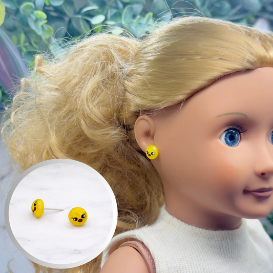 ✨Handmade Doll Jewelry Designed to Fit popular 18 Inch Fashion Dolls: add “Easter Spring Style 🌸” to your favorite doll!✨Yellow Chick Easter Post Doll Earrings • Doll Size / Scale: Pics included with earrings shown on 18" Our Generation doll