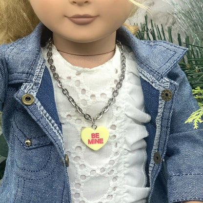 ✨Handmade Doll Jewelry Designed to Fit popular 18 Inch Fashion Dolls: add a stylish touch to your favorite doll!✨

Yellow Acrylic Heart “Be Mine” Charms on Silver tone Chain Necklace Bracelet Set . The necklace measures 9-1/4 inches long and bracelet is 3-3/8 inches long.