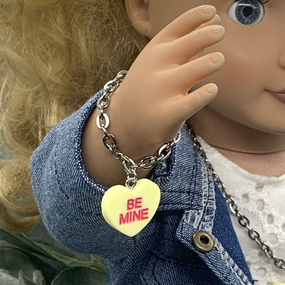 ✨Handmade Doll Jewelry Designed to Fit popular 18 Inch Fashion Dolls: add a stylish touch to your favorite doll!✨

Yellow Acrylic Heart “Be Mine” Charms on Silver tone Chain Necklace Bracelet Set . The necklace measures 9-1/4 inches long and bracelet is 3-3/8 inches long.