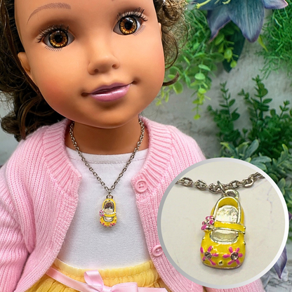 Yellow Marie Jane Shoe Charm w/ Pink Flowers Doll Necklace • necklace measures 6.5 inches long • necklace shown on 18" Journey Girls doll