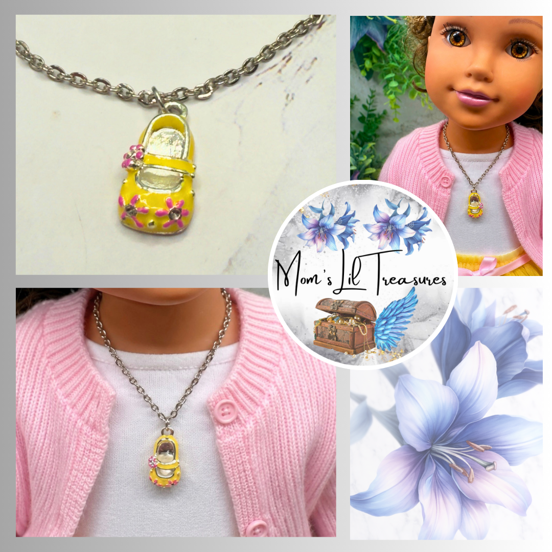 Yellow Marie Jane Shoe Charm w/ Pink Flowers Doll Necklace • necklace measures 6.5 inches long • necklace shown on 18" Journey Girls doll