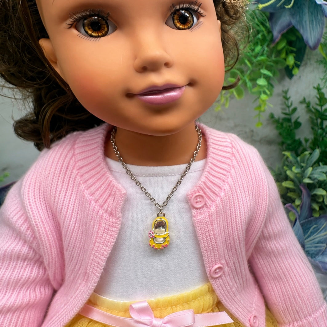 Yellow Marie Jane Shoe Charm w/ Pink Flowers Doll Necklace • necklace measures 6.5 inches long • necklace shown on 18" Journey Girls doll